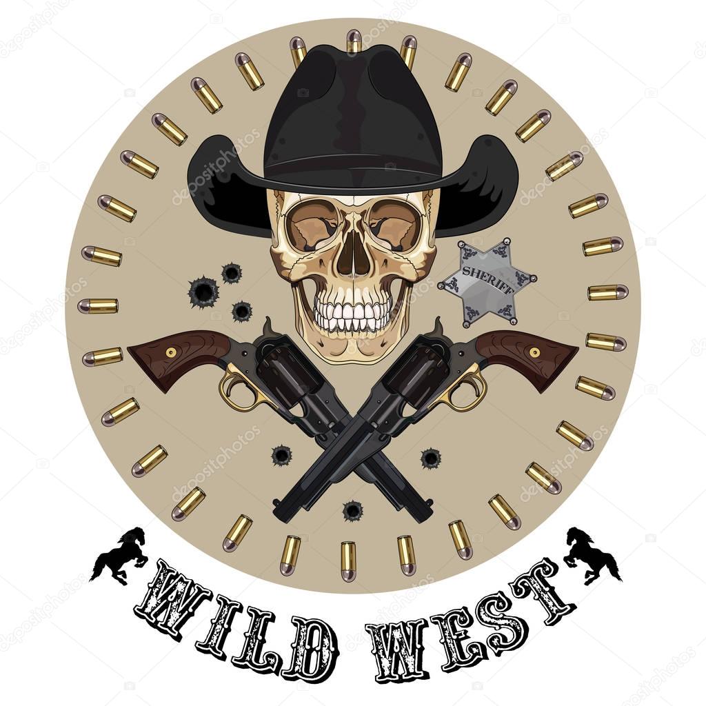 Skull and two crossed gun, Wild West design