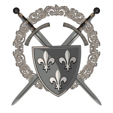 Şövalye kılıcı. Kılıç Ortaçağ süsleme ve Ortaçağ hanedan kalkan çerçevesinde iki çapraz knight