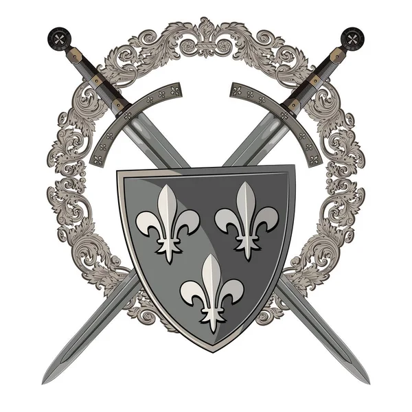Espada de cavaleiro. Dois cavaleiros cruzados da espada no quadro de ornamento medieval e escudo heráldico medieval —  Vetores de Stock
