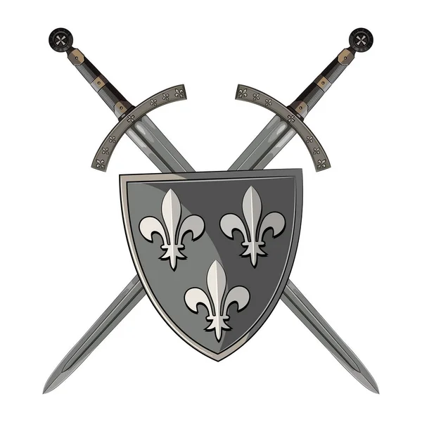 騎士剣。2 つの交差騎士剣そして中世紋章入りの盾 — ストックベクタ