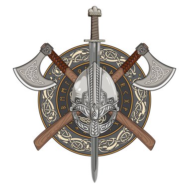 Viking kask, viking eksenleri geçti ve İskandinav desen ve viking çelenk içinde kalkan