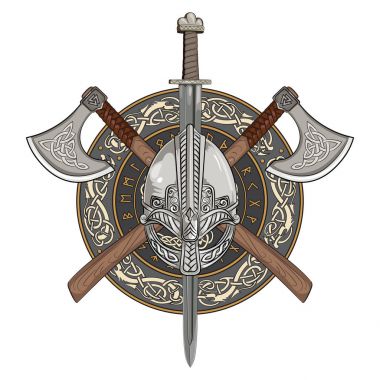 Viking helmet, crossed viking axes and in a wreath of Scandinavian pattern and viking shield clipart