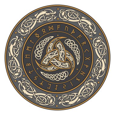 Üçlü boynuz İskandinav süsler ve runes ile dekore edilmiş Odin