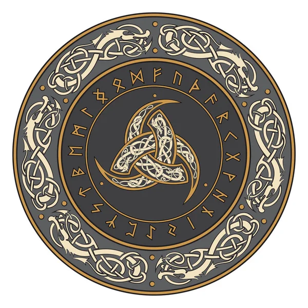 Triple Cuerno de Odín decorado con ornamentos escandinavos y runas — Vector de stock