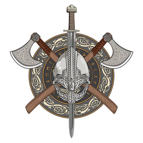 Viking helm, gekruist viking assen en in een krans van Scandinavische patroon en viking schild — Stockvector