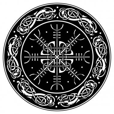 Viking kalkanın dekore edilmiş bir ejderha ve Aegishjalmur bir İskandinav modeli, terör İzlanda büyülü porteler huşu dümen dümen ile