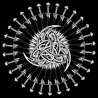 Triple Horn of Odin decorated with ornaments in the circle of combat swords of the Vikings clipart