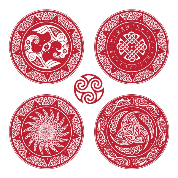 Set escudo vikingo, decorado con un patrón escandinavo de dragones y egishjalmur, timón de asombro timón de terror, bastones mágicos islandeses — Vector de stock