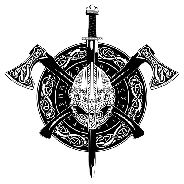 Casco vikingo, hachas vikingas cruzadas y en una corona de patrón escandinavo y escudo vikingo — Vector de stock