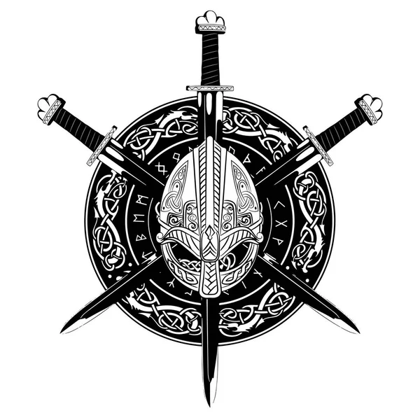 Viking kask, viking kılıç geçti ve İskandinav desen ve viking çelenk içinde kalkan