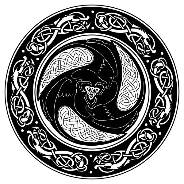 Escudo vikingo, decorado con un patrón escandinavo y Ravens of God Odin . — Vector de stock