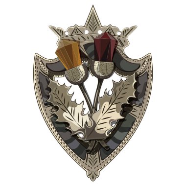 Taç, İskoç Thistle garnet ve amber gibi taşlarla süslenmiş bir kalkan şeklinde Kelt İskoç broş