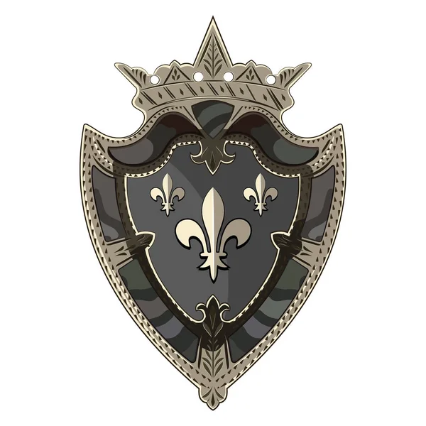 Escudo de cavaleiro heráldico medieval com coroa e lírio heráldico —  Vetores de Stock
