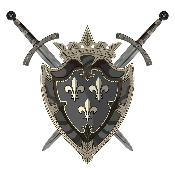 騎士剣。2 つの交差騎士剣そして中世紋章入りの盾 — ストックベクタ