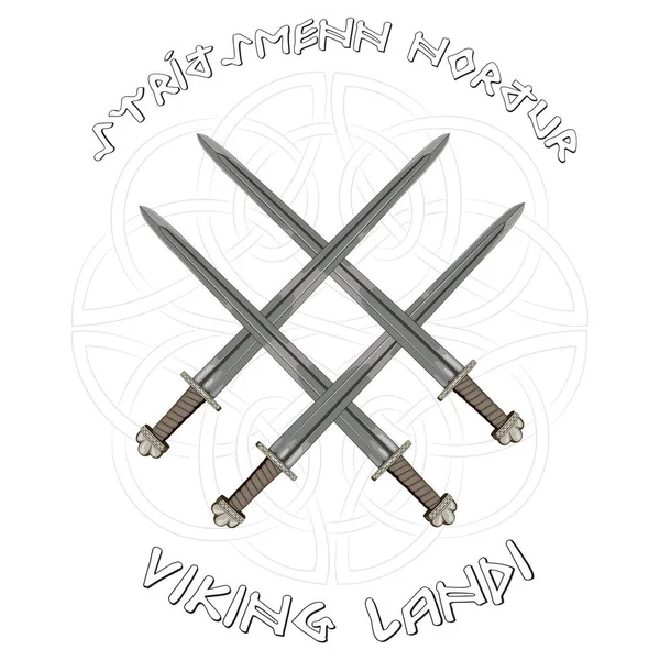 Vier stak het zwaard van de Vikingen in de achtergrond van het Scandinavische patroon en de inscriptie in runen in het IJslands — Stockvector