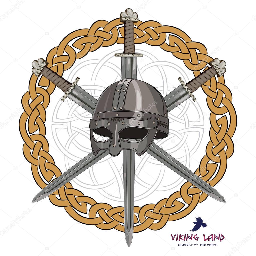 Viking helmet with three crossed swords on background Scandinavian pattern
