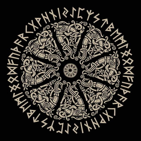 Antiguo ornamento escandinavo, escudo vikingo y runas escandinavas — Vector de stock