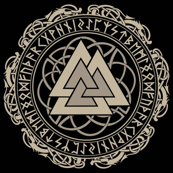 Walknut, Zeichen des Gottes Odin, verziert mit Ornamenten in einem Kranz aus skandinavischer Webkunst und nordischen Runen — Stockvektor