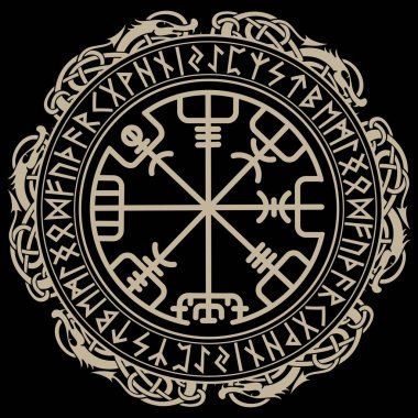 Viking tasarım. Büyülü Runik pusula Vegvisir, İskandinav runes ve ejderha daire