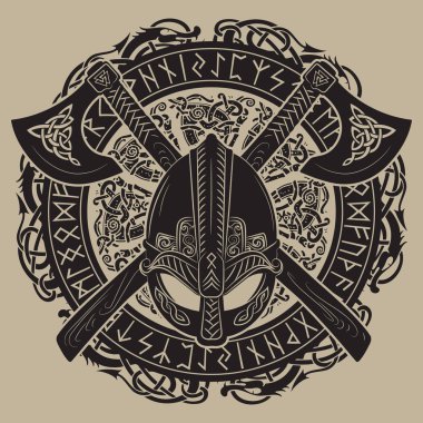 Viking kask, viking eksenleri geçti ve İskandinav desen ve İskandinav runes bir çelenk