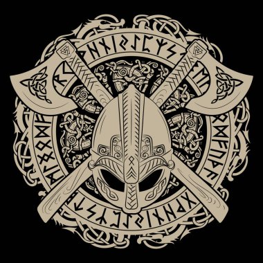 Viking kask, viking eksenleri geçti ve İskandinav desen ve İskandinav runes bir çelenk