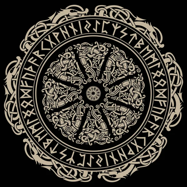 Antique ornement scandinave, bouclier Viking et runes scandinaves — Image vectorielle