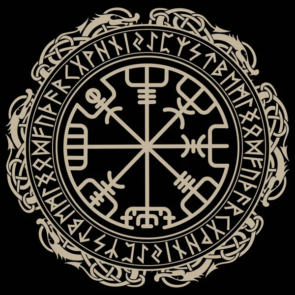 Diseño vikingo. Brújula mágica rúnica Vegvisir, en el círculo de runas y dragones nórdicos — Archivo Imágenes Vectoriales