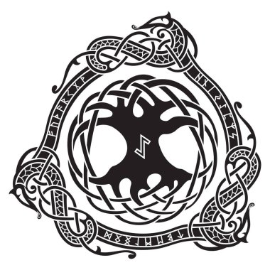 Yggdrasil. İskandinav tasarımı. Kuzey desenli Yggdrasil ağacı.