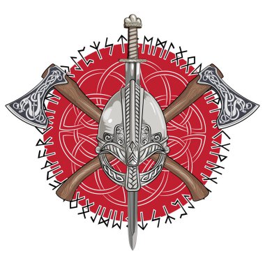 Viking kask, viking eksenleri geçti ve İskandinav desen ve İskandinav runes bir çelenk