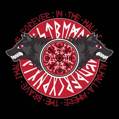 Viking tasarım. Büyülü Runik pusula İskandinav runes çemberi ve kurt Odin - Geri ve Freki Vegvisir