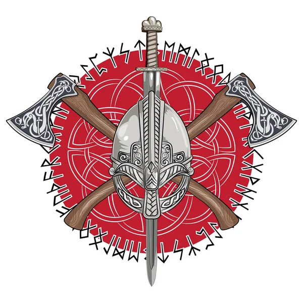 Casco vikingo, hachas vikingas cruzadas y en una corona de patrón escandinavo y runas nórdicas — Vector de stock