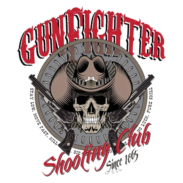 Amerikanisches Cowboy-Design. Totenkopf mit Cowboyhut, zwei gekreuzte Gewehre und Kugeln — Stockvektor