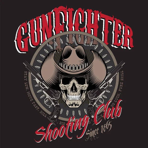 Design Gunfighter. Skull in cowboy hat, two crossed gun and bullets — Stock Vector