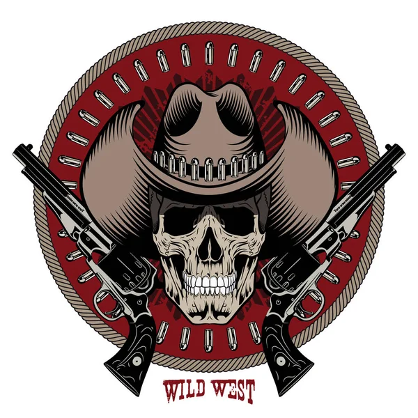 Amerikanisches Cowboy-Design. Totenkopf mit Cowboyhut, zwei gekreuzte Gewehre und Kugeln — Stockvektor