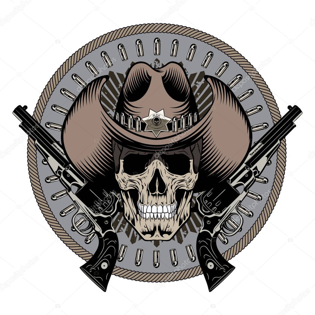 Design Gunfighter. Skull in cowboy hat, two crossed gun ...