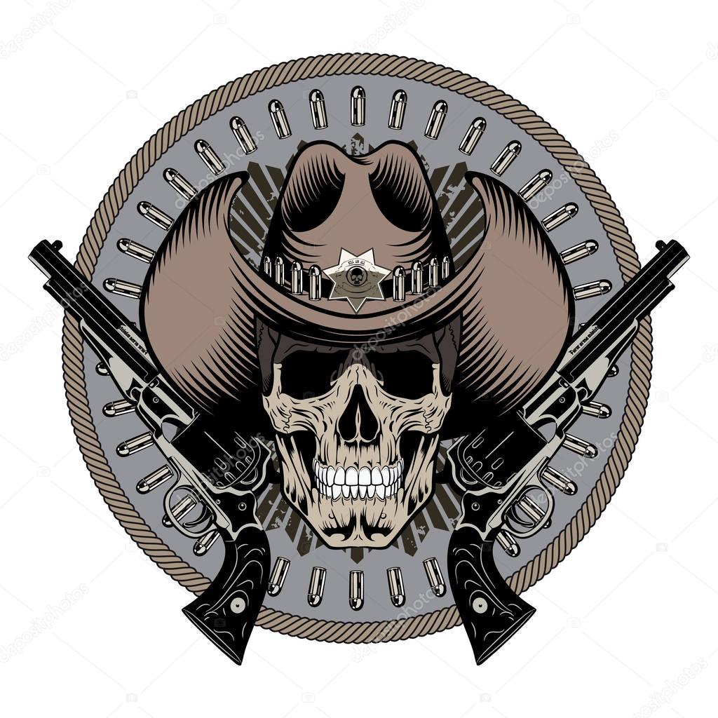 Design Gunfighter. Skull in cowboy hat, two crossed gun and bullets