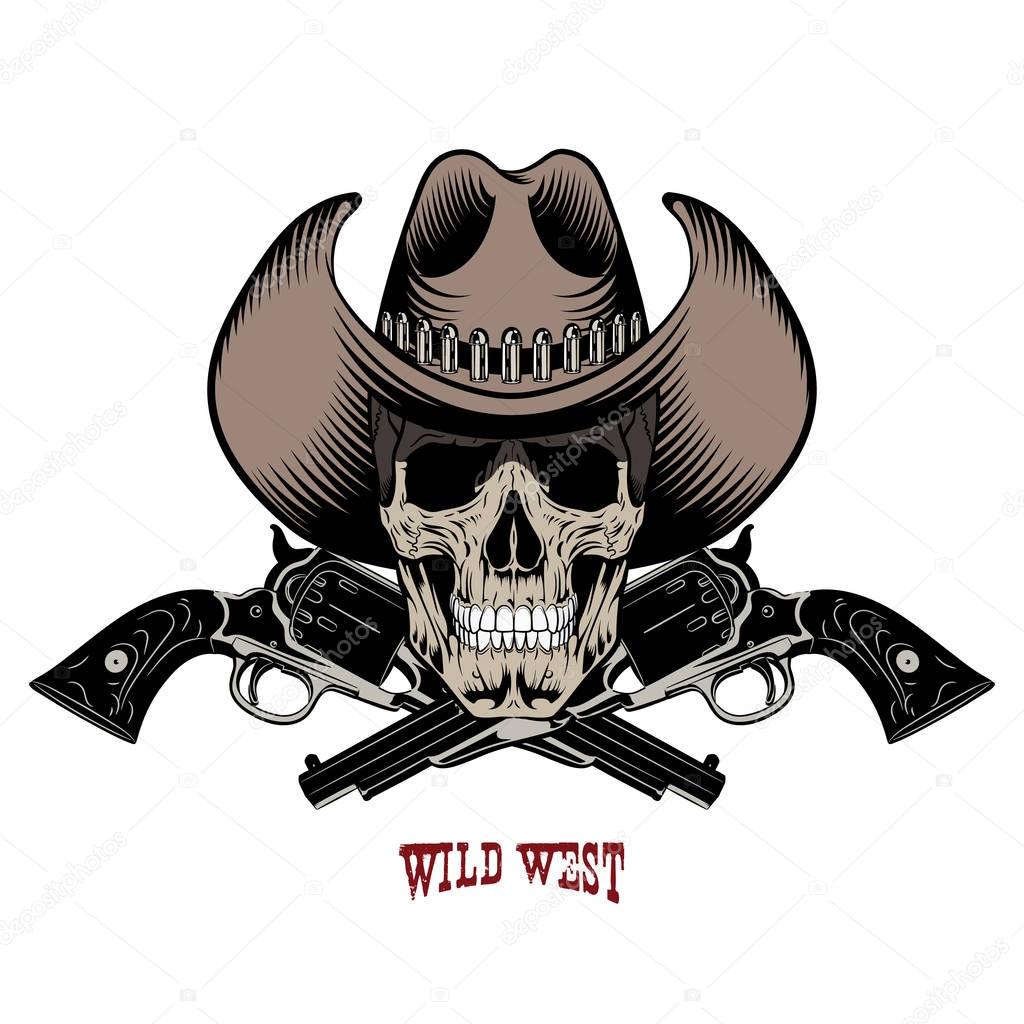 Skull in cowboy hat and two crossed gun