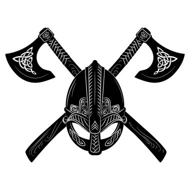 Viking helmet, crossed viking axes and Scandinavian pattern clipart