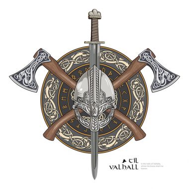 Viking kask, viking eksenleri geçti ve İskandinav desen ve viking çelenk içinde kalkan