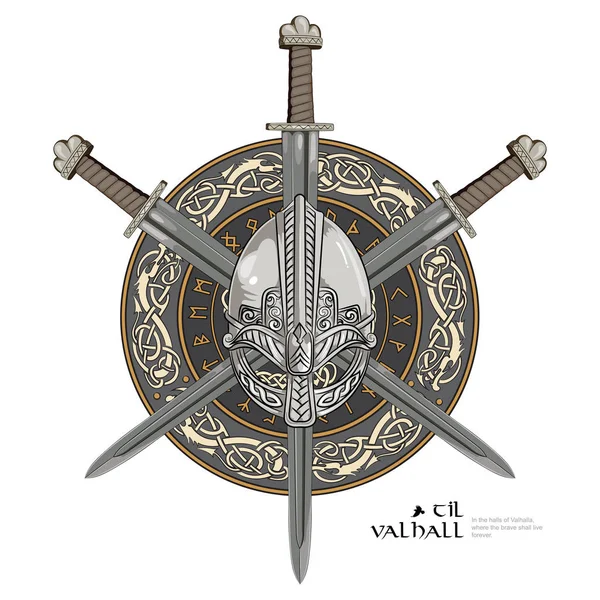Capacete viking, espada viking cruzada e em uma coroa de padrão escandinavo e escudo viking —  Vetores de Stock