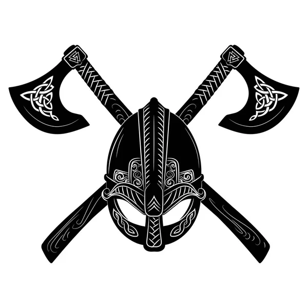 Viking helm, gekruiste viking assen en Scandinavische patroon — Stockvector