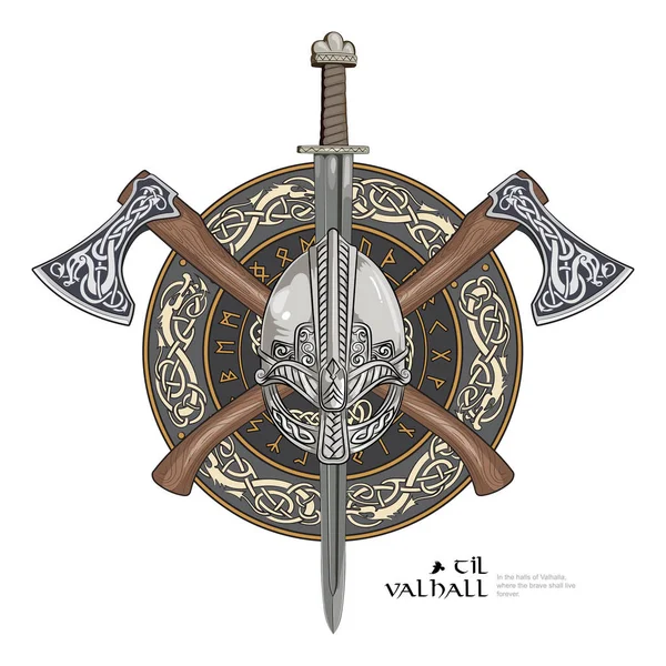Casco vikingo, hachas vikingas cruzadas y en una corona de patrón escandinavo y escudo vikingo — Vector de stock