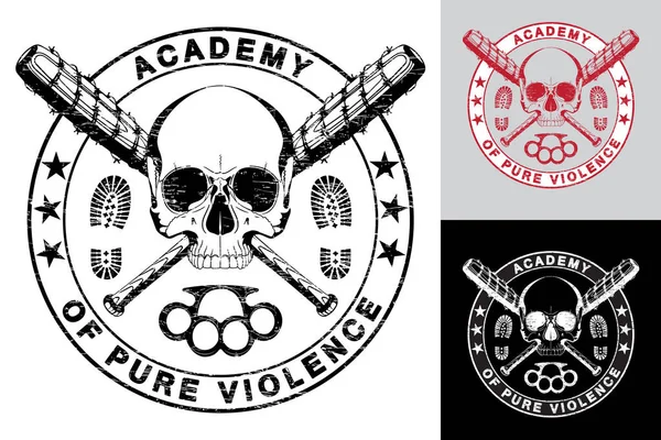 Entwurf eines Totenkopfes und zweier gekreuzter Baseballschläger mit Stacheldraht, Schlagringen und der Aufschrift "Akademie der reinen Gewalt"" — Stockvektor