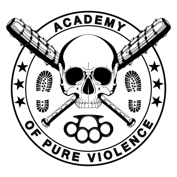 Entwurf eines Totenkopfes und zweier gekreuzter Baseballschläger mit Stacheldraht, Schlagringen und der Aufschrift "Akademie der reinen Gewalt"" — Stockvektor