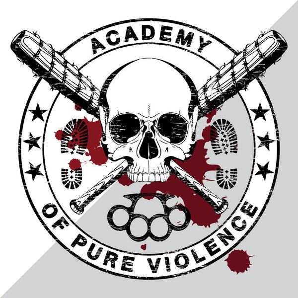 Дизайн черепа и двух скрещенных бейсбольных бита, покрытых колючей проволокой, медными костяшками и надписью "Академия чистого насилия
"