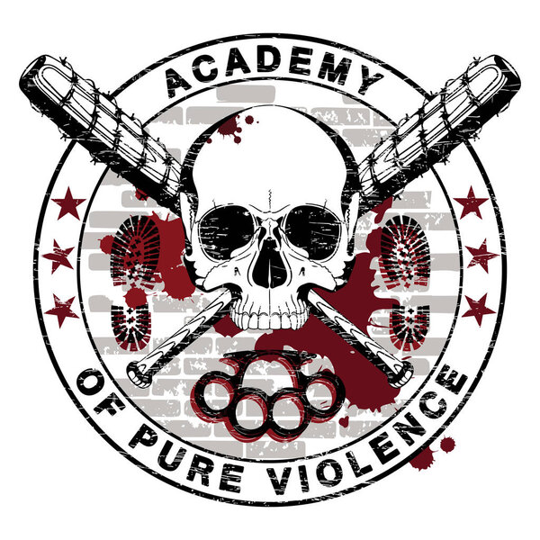 Дизайн черепа и двух скрещенных бейсбольных бита, покрытых колючей проволокой, медными костяшками и надписью "Академия чистого насилия
"