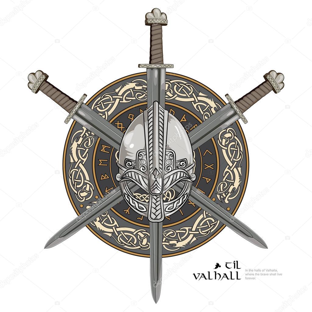 Viking helmet, crossed viking sword and in a wreath of Scandinavian pattern and viking shield