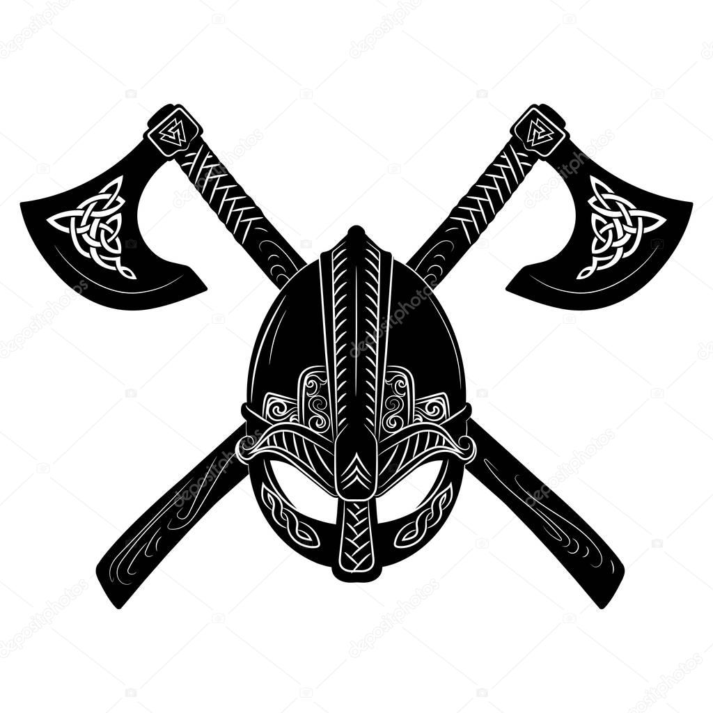 Viking helmet, crossed viking axes and Scandinavian pattern