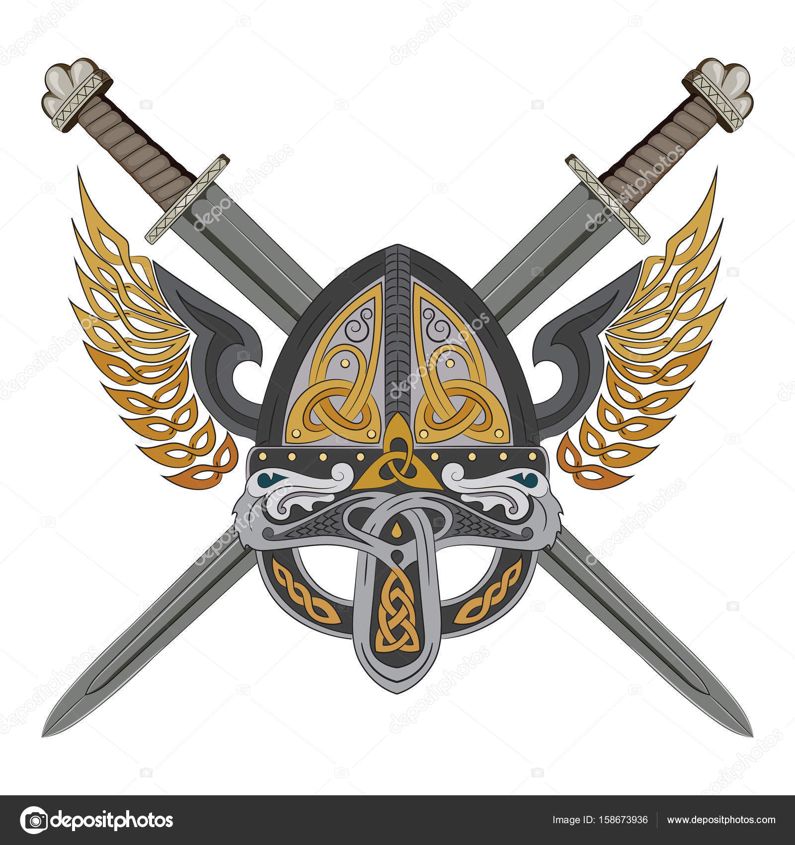 Viking vinget hjelm med to krydsede sværd og skandinavisk mønster  Stockvektor af ©Bourbon-88 158673936, image size:963x1024