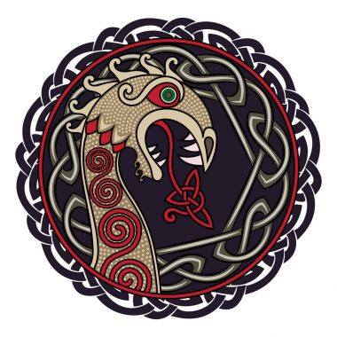İskandinav tasarım. Viking gemisi Drakkar bir ejderha ve İskandinav bükülmüş deseni şeklinde burun şekil